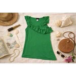 Vintage Y2K Say Anything Green Ruffle Top | Made in USA | XL | Asymmetrical Hem